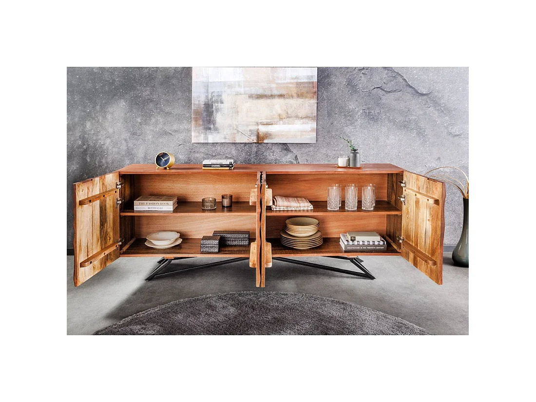 Buffet ZENWOOD 180 cm – Bois massif sculpté 3D et métal noir – 4 portes