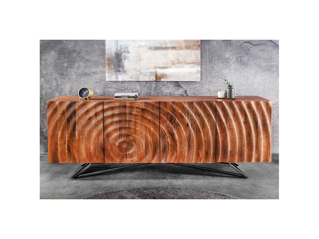 Buffet ZENWOOD 180 cm – Bois massif sculpté 3D et métal noir – 4 portes