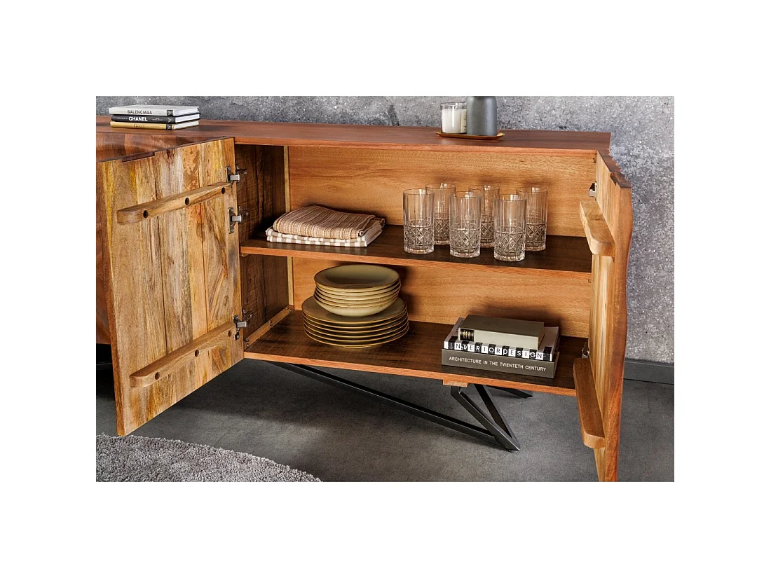 Buffet ZENWOOD 180 cm – Bois massif sculpté 3D et métal noir – 4 portes