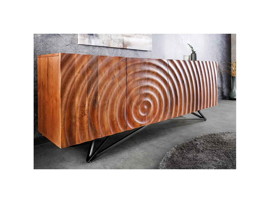Buffet ZENWOOD 180 cm – Bois massif sculpté 3D et métal noir – 4 portes