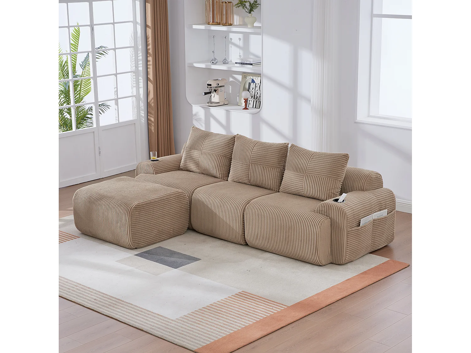 Canapé 3 places d'angle modulable en Velours côtelé, avec pouf, porte-gobelets et poche latérale, 268x174x80cm, Kaki