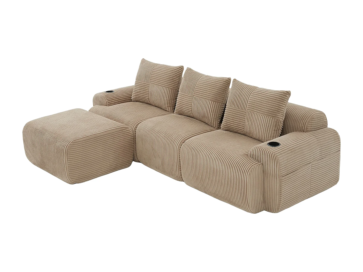 Canapé 3 places d'angle modulable en Velours côtelé, avec pouf, porte-gobelets et poche latérale, 268x174x80cm, Kaki