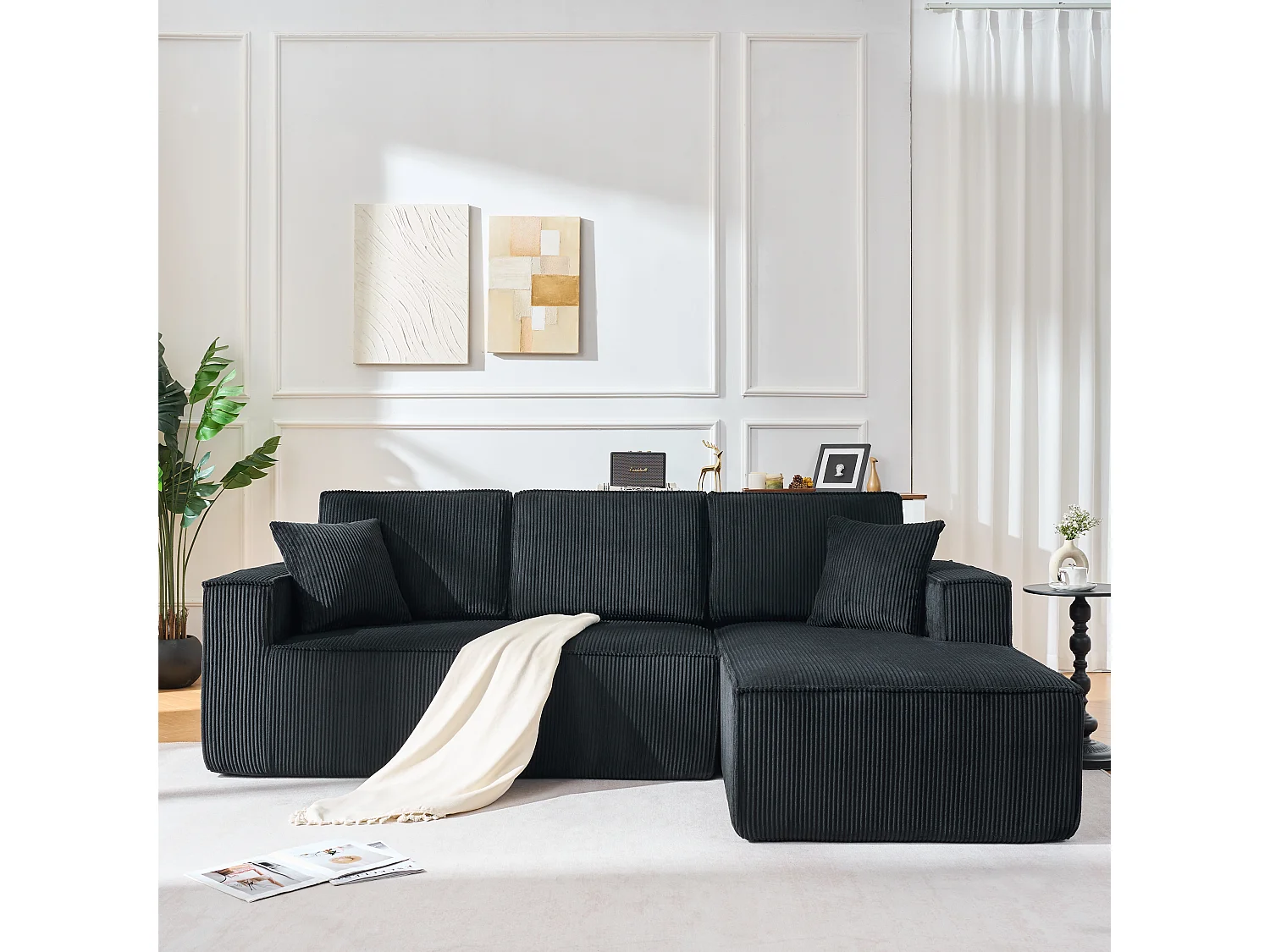 Canapé 3 Places d'angle droit modulable en Velours côtelé, avec 2 oreillers, 128cm méridienne, Noir