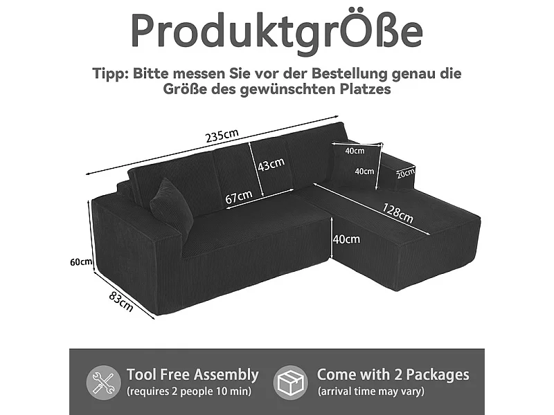 Canapé 3 Places d'angle droit modulable en Velours côtelé, avec 2 oreillers, 128cm méridienne, Noir