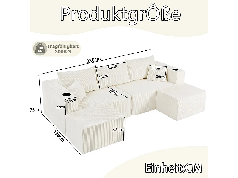 Canapé d'angle modulable, en Velours côtelé, avec 2 pouf, porte-gobelets et oreillers, Beige, 230x138x75cm