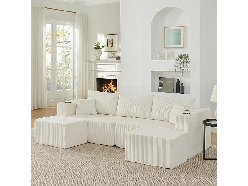 Canapé d'angle modulable, en Velours côtelé, avec 2 pouf, porte-gobelets et oreillers, Beige, 230x138x75cm
