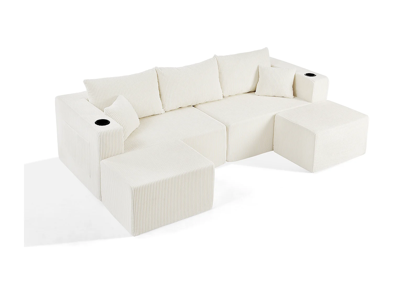 Canapé d'angle modulable, en Velours côtelé, avec 2 pouf, porte-gobelets et oreillers, Beige, 230x138x75cm