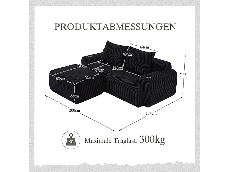 Canapé 2 places d'angle modulable en Velours côtelé, avec pouf, porte-gobelets et poche latérale, 200x174x80cm, Noir