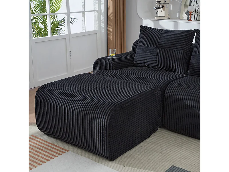 Canapé 2 places d'angle modulable en Velours côtelé, avec pouf, porte-gobelets et poche latérale, 200x174x80cm, Noir