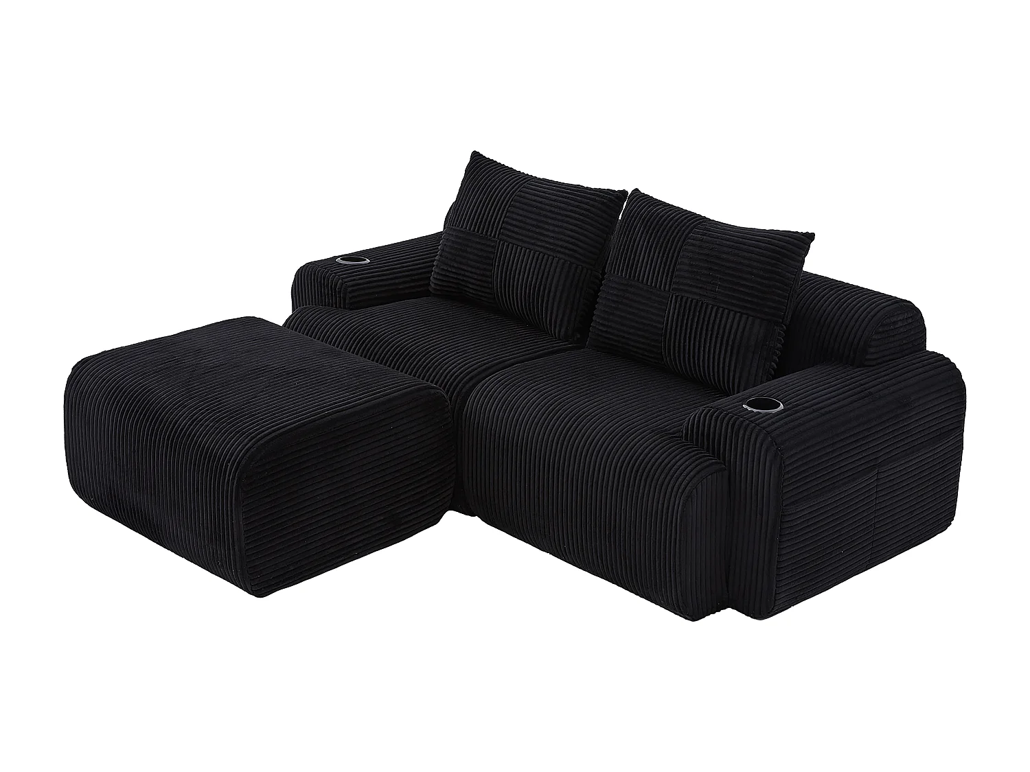 Canapé 2 places d'angle modulable en Velours côtelé, avec pouf, porte-gobelets et poche latérale, 200x174x80cm, Noir