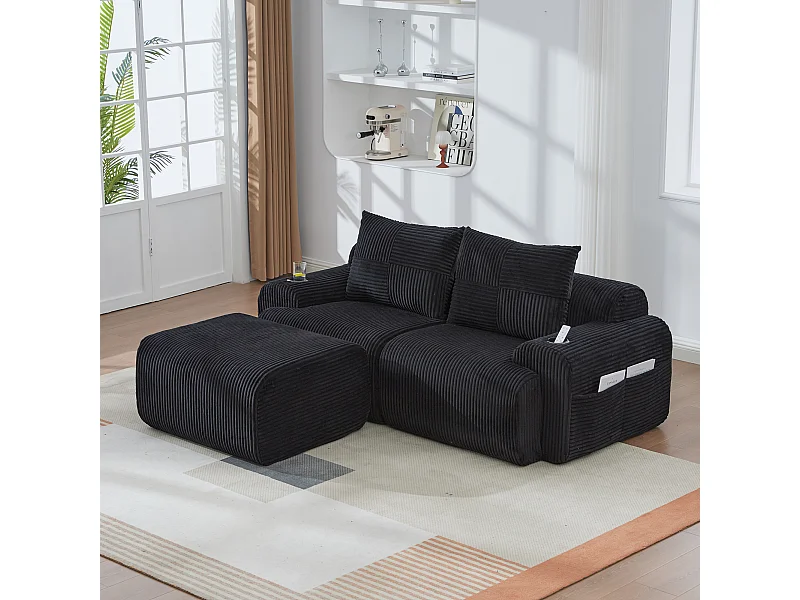 Modulaire 2-zits hoekbank ribfluweel, pouf, bekerhouders en zijvak, 200x174x80cm, Zwart