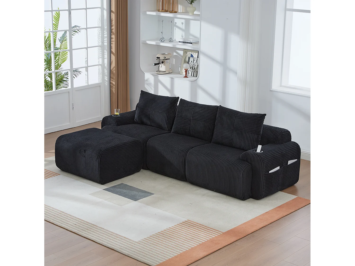 Canapé 3 places d'angle modulable en Velours côtelé, avec pouf, porte-gobelets et poche latérale, 268x174x80cm, Noir