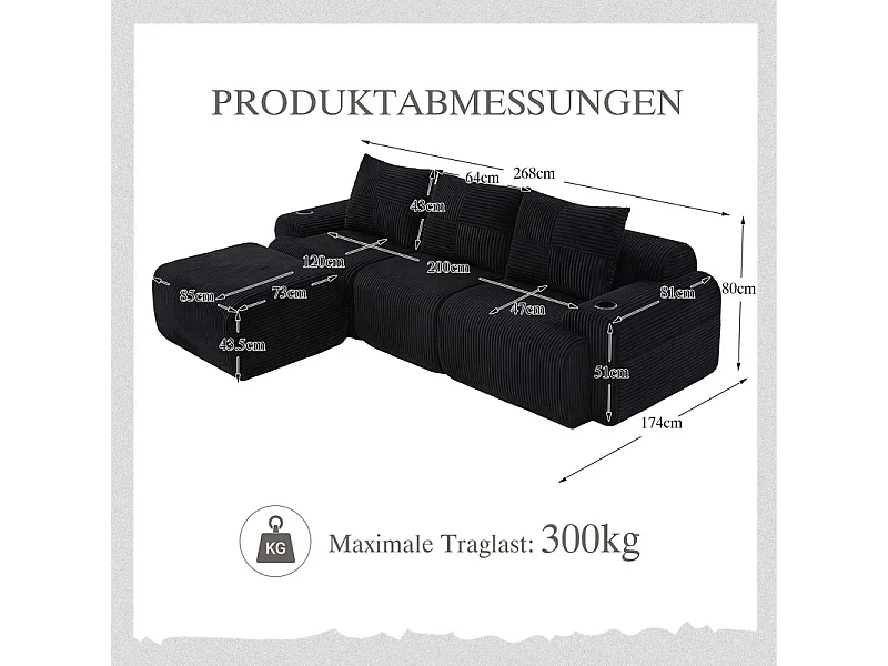 Canapé 3 places d'angle modulable en Velours côtelé, avec pouf, porte-gobelets et poche latérale, 268x174x80cm, Noir