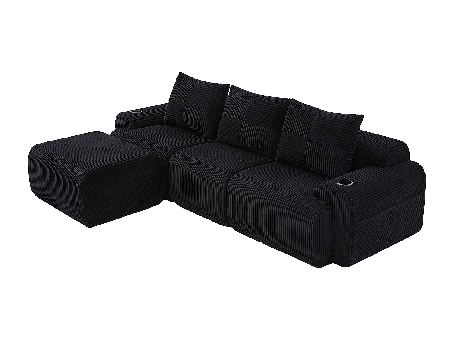 Canapé 3 places d'angle modulable en Velours côtelé, avec pouf, porte-gobelets et poche latérale, 268x174x80cm, Noir