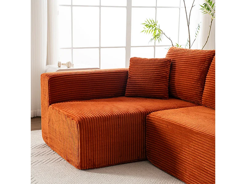 Canapé 3 places d'angle gauche modulable - en Velours côtelé Orange - avec 2 oreillers et méridienne - 258x155x89cm