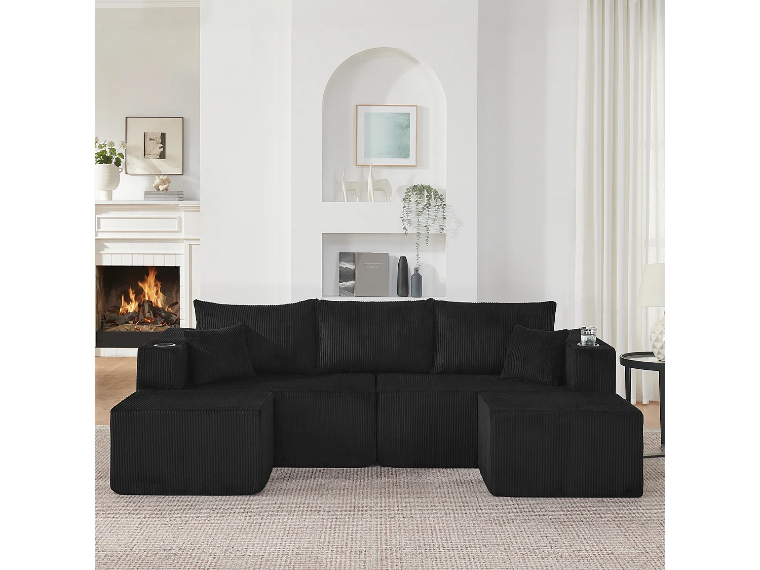 Canapé d'angle modulable, en Velours côtelé, avec 2 pouf, porte-gobelets et oreillers, Noir, 230x138x75cm
