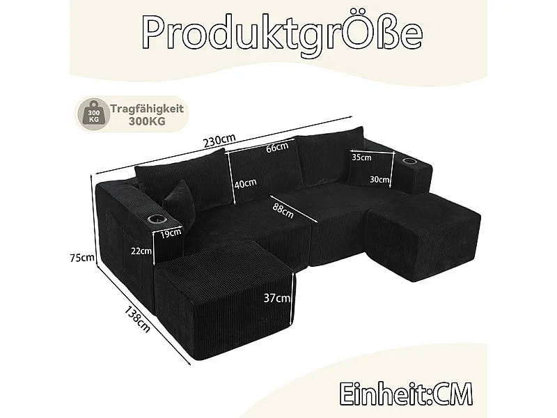 Canapé d'angle modulable, en Velours côtelé, avec 2 pouf, porte-gobelets et oreillers, Noir, 230x138x75cm