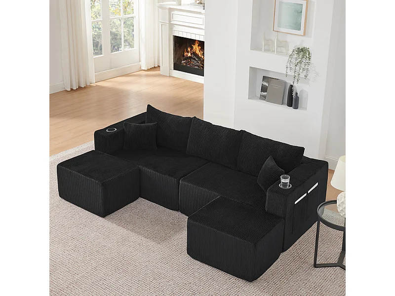 Canapé d'angle modulable, en Velours côtelé, avec 2 pouf, porte-gobelets et oreillers, Noir, 230x138x75cm