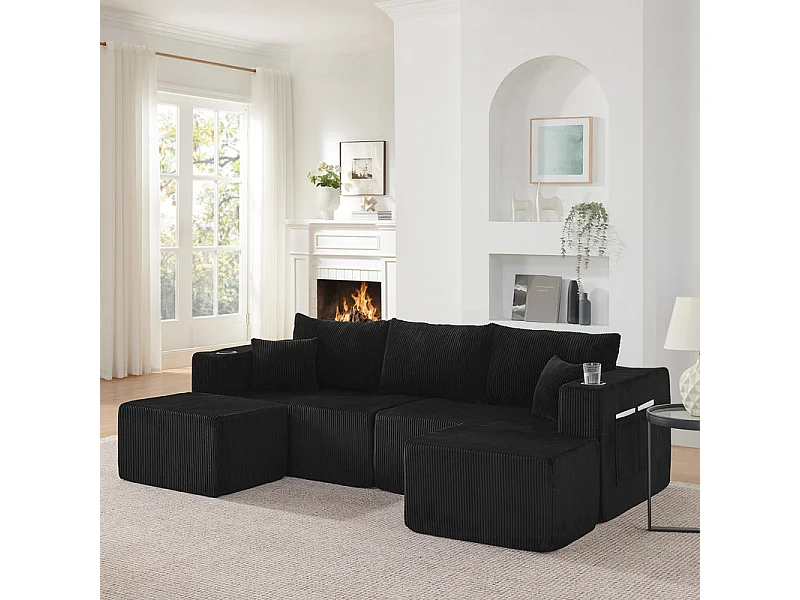 Canapé d'angle modulable, en Velours côtelé, avec 2 pouf, porte-gobelets et oreillers, Noir, 230x138x75cm