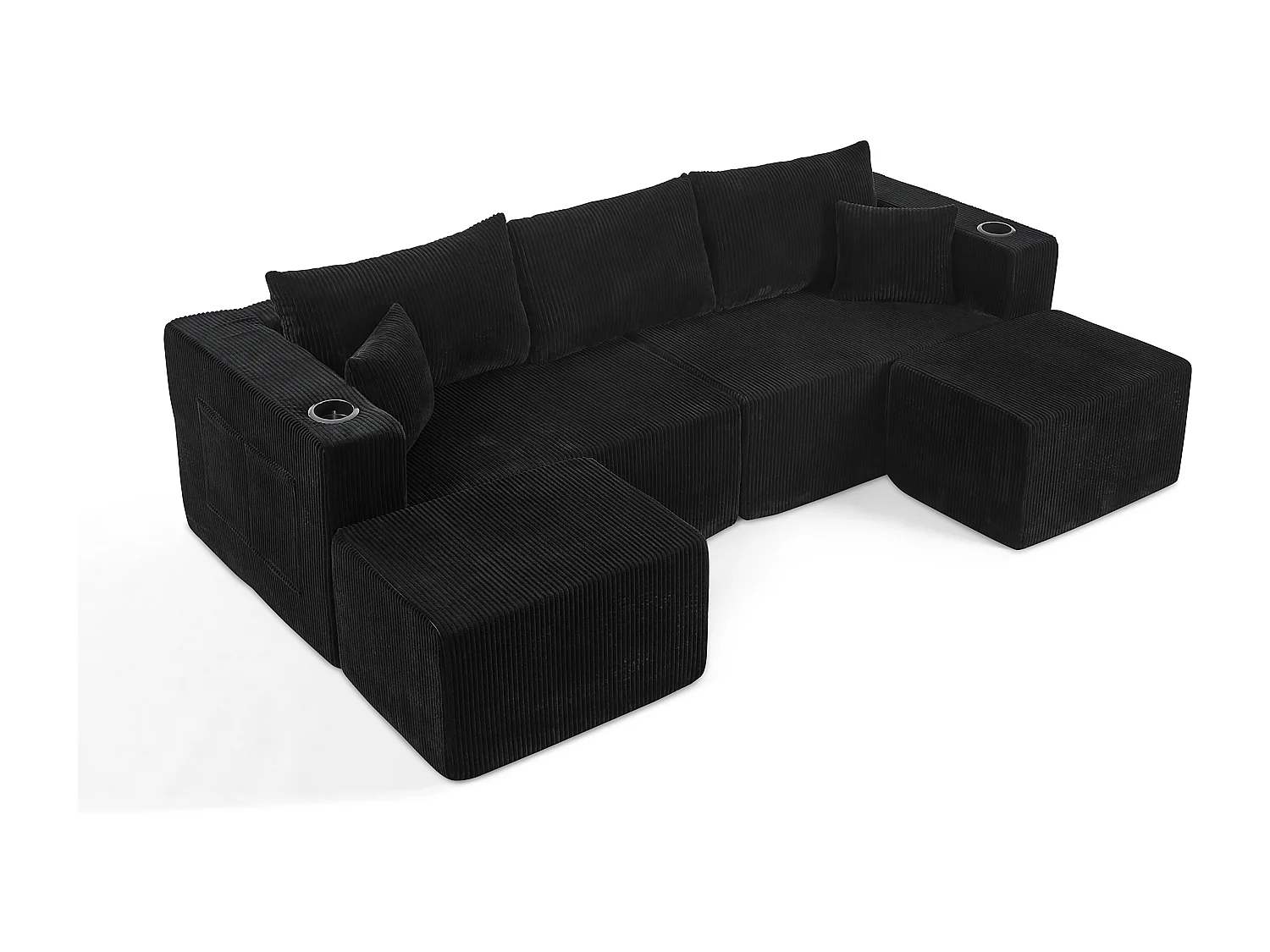 Canapé d'angle modulable, en Velours côtelé, avec 2 pouf, porte-gobelets et oreillers, Noir, 230x138x75cm