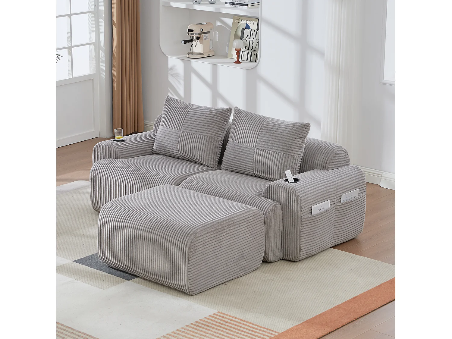 Canapé 2 places d'angle modulable en Velours côtelé, avec pouf, porte-gobelets et poche latérale, 200x174x80cm, Gris clair