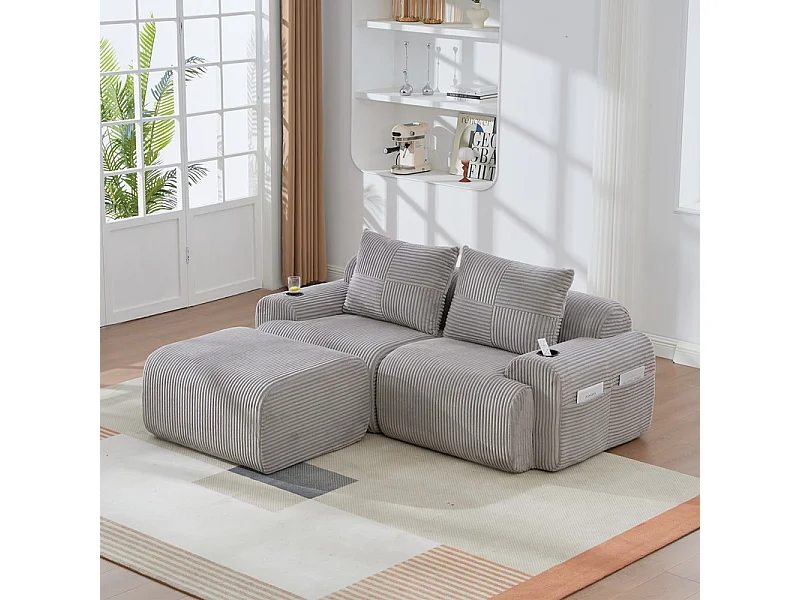 Canapé 2 places d'angle modulable en Velours côtelé, avec pouf, porte-gobelets et poche latérale, 200x174x80cm, Gris clair