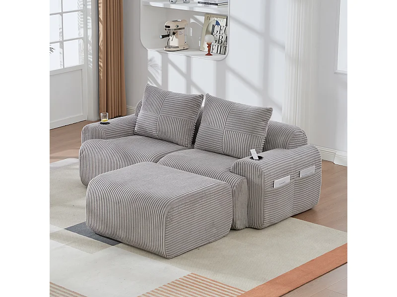 Canapé 2 places d'angle modulable en Velours côtelé, avec pouf, porte-gobelets et poche latérale, 200x174x80cm, Gris clair