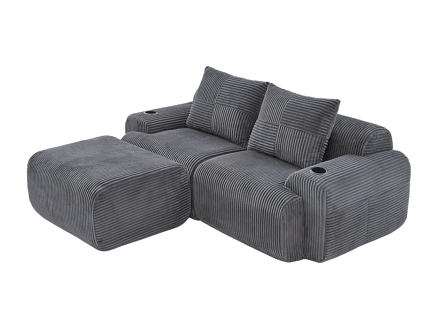 Canapé 2 places d'angle modulable en Velours côtelé, avec pouf, porte-gobelets et poche latérale, 200x174x80cm, Gris anthracite