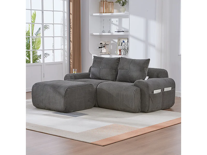 Canapé 2 places d'angle modulable en Velours côtelé, avec pouf, porte-gobelets et poche latérale, 200x174x80cm, Gris anthracite