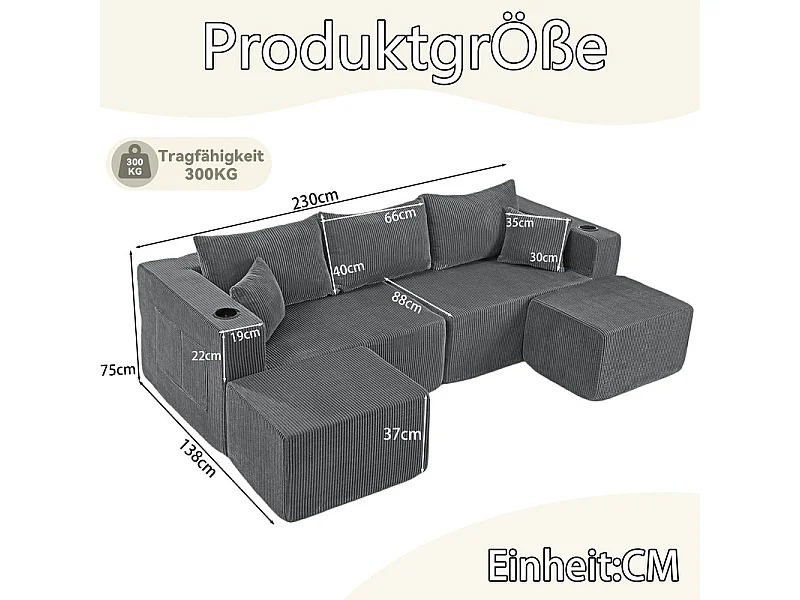 Canapé d'angle modulable, en Velours côtelé, avec 2 pouf, porte-gobelets et oreillers, Gris, 230x138x75cm