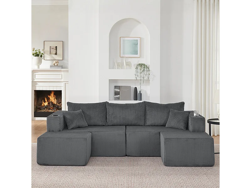 Canapé d'angle modulable, en Velours côtelé, avec 2 pouf, porte-gobelets et oreillers, Gris, 230x138x75cm