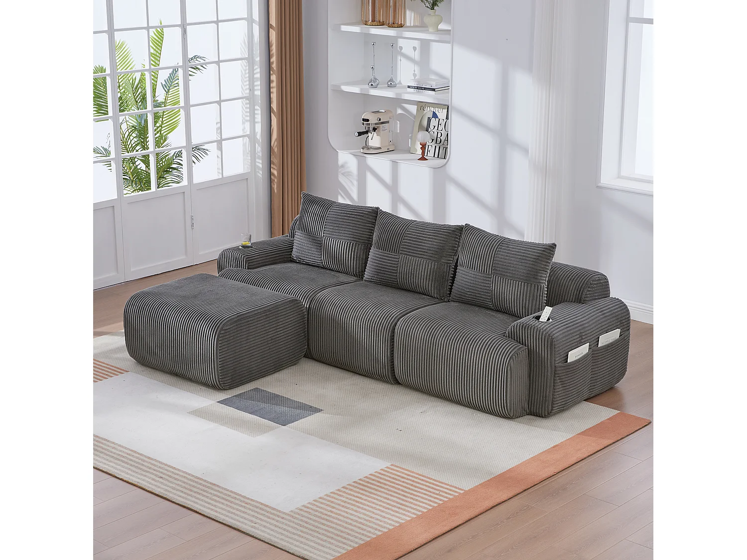 Canapé 3 places d'angle modulable en Velours côtelé, avec pouf, porte-gobelets et poche latérale, 268x174x80cm, Gris anthracite