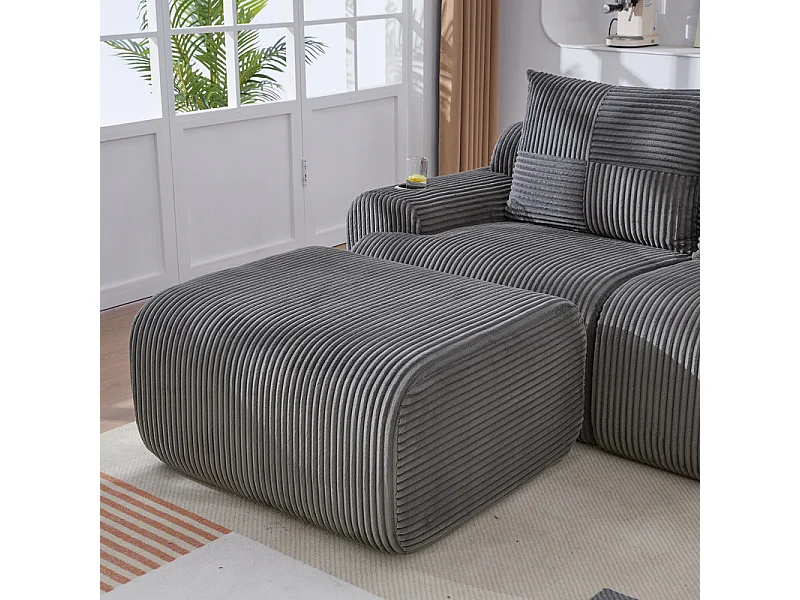Canapé 3 places d'angle modulable en Velours côtelé, avec pouf, porte-gobelets et poche latérale, 268x174x80cm, Gris anthracite