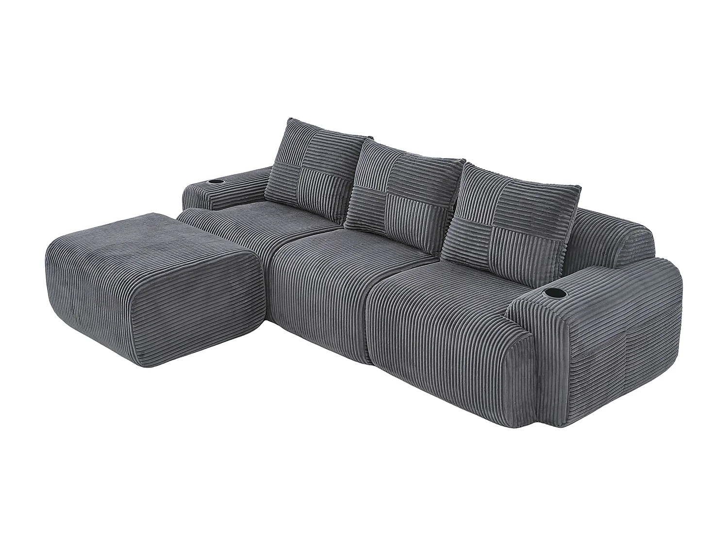 Canapé 3 places d'angle modulable en Velours côtelé, avec pouf, porte-gobelets et poche latérale, 268x174x80cm, Gris anthracite