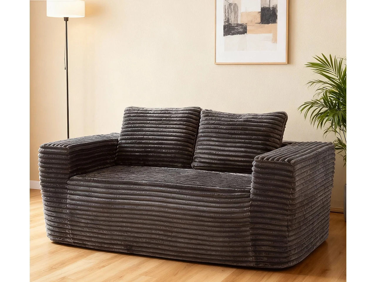 Canapé 2 Places, en Velours côtelé gris, 65cm profondeur d'assise, avec 2 Coussins, 160x88x58cm