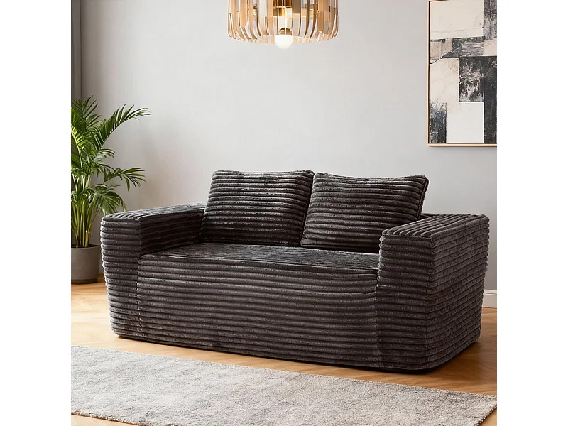 Canapé 2 Places, en Velours côtelé gris, 65cm profondeur d'assise, avec 2 Coussins, 160x88x58cm