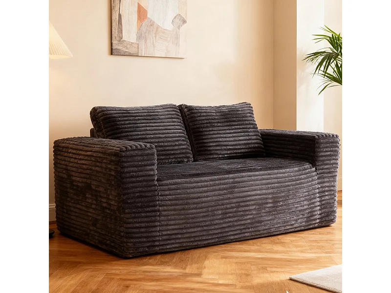 Canapé 2 Places, en Velours côtelé gris, 65cm profondeur d'assise, avec 2 Coussins, 160x88x58cm