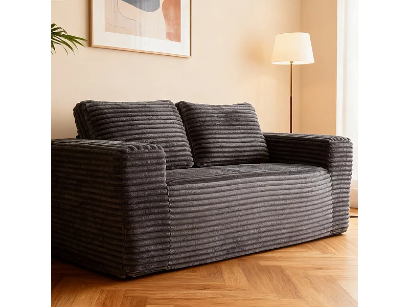 Canapé 2 Places, en Velours côtelé gris, 65cm profondeur d'assise, avec 2 Coussins, 160x88x58cm