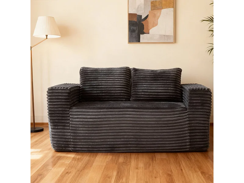 Canapé 2 Places, en Velours côtelé gris, 65cm profondeur d'assise, avec 2 Coussins, 160x88x58cm