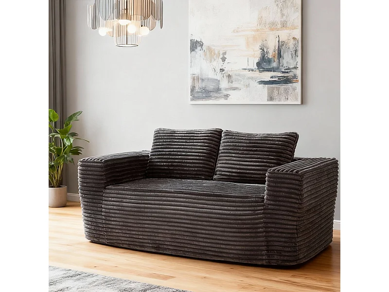 Canapé 2 Places, en Velours côtelé gris, 65cm profondeur d'assise, avec 2 Coussins, 160x88x58cm