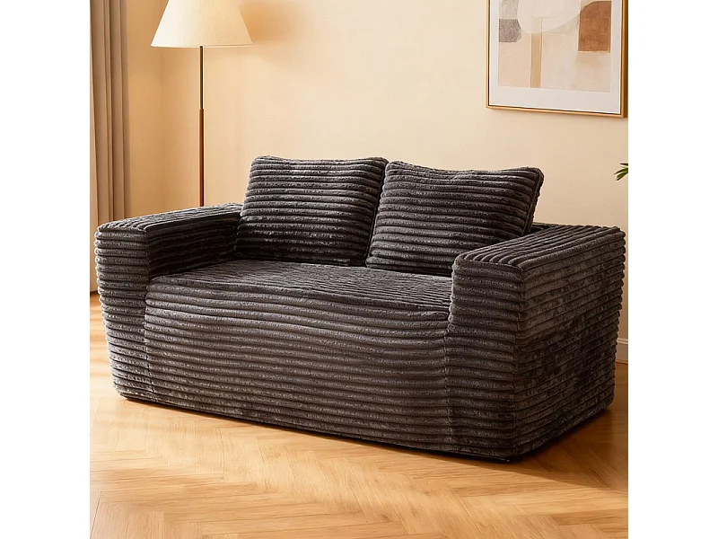 Canapé 2 Places, en Velours côtelé gris, 65cm profondeur d'assise, avec 2 Coussins, 160x88x58cm