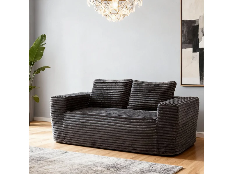 Canapé 2 Places, en Velours côtelé gris, 65cm profondeur d'assise, avec 2 Coussins, 160x88x58cm