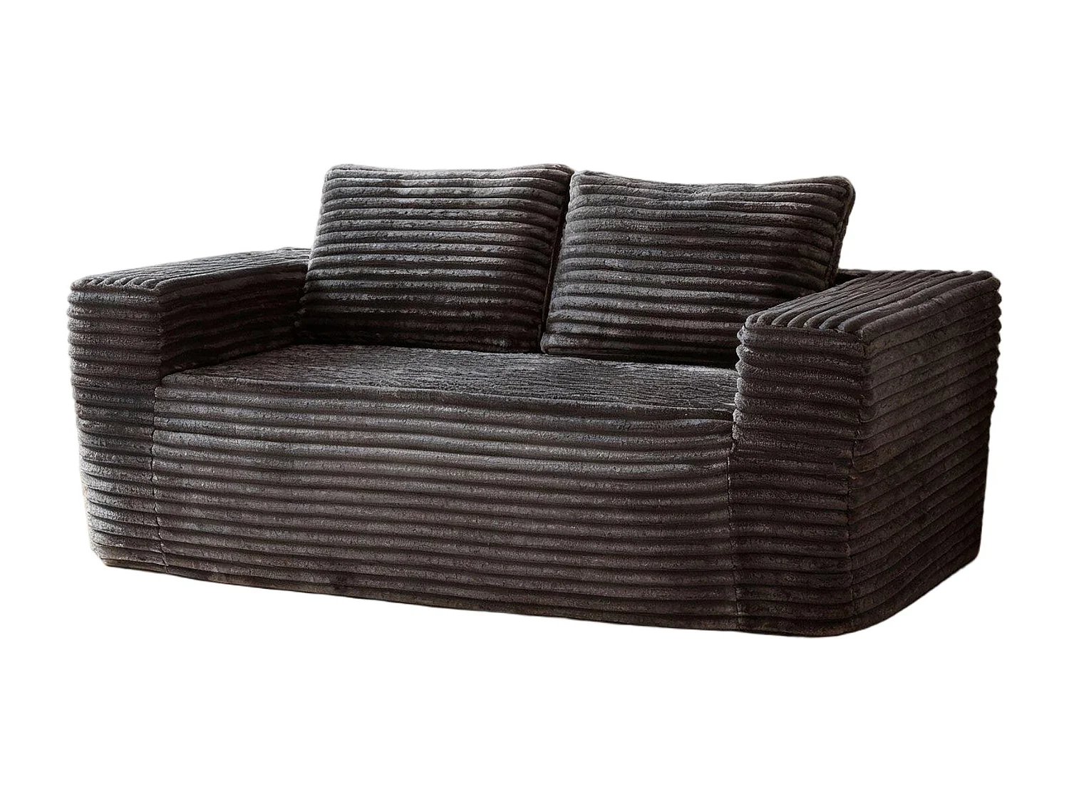 Canapé 2 Places, en Velours côtelé gris, 65cm profondeur d'assise, avec 2 Coussins, 160x88x58cm