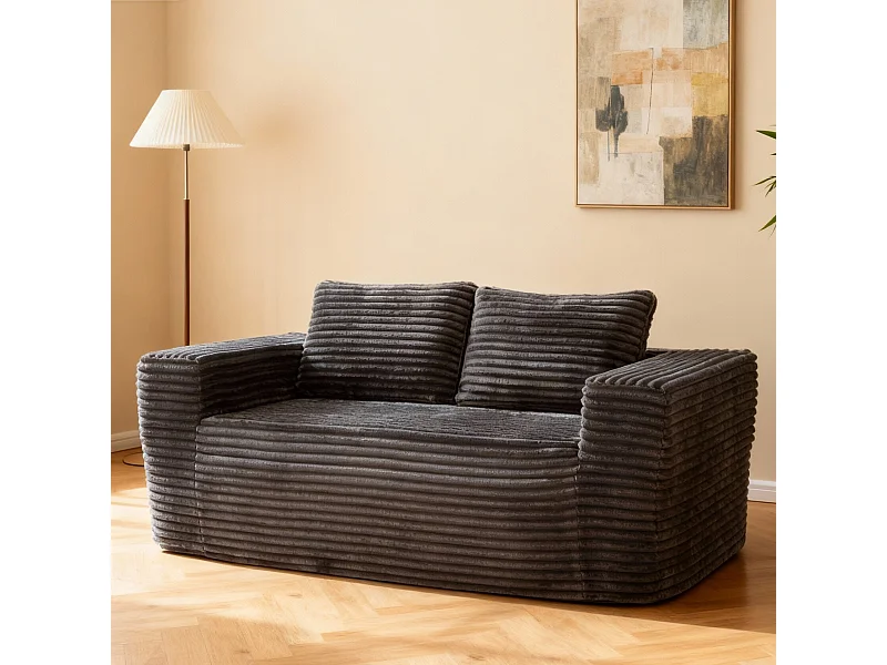 Canapé 2 Places, en Velours côtelé gris, 65cm profondeur d'assise, avec 2 Coussins, 160x88x58cm