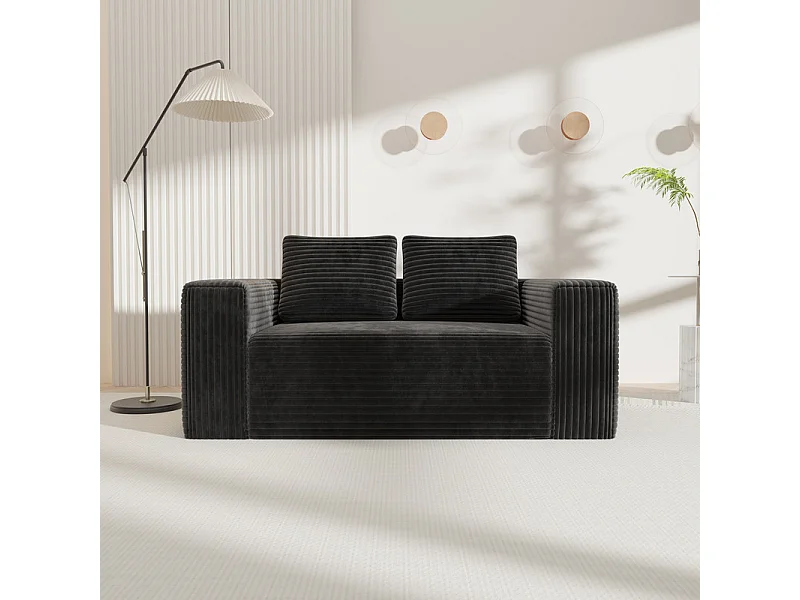 Canapé 2 Places, en Velours côtelé noir, 65cm profondeur d'assise, avec 2 Coussins, 160x88x58cm