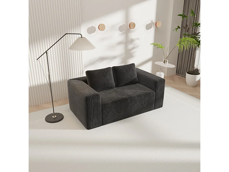 Canapé 2 Places, en Velours côtelé noir, 65cm profondeur d'assise, avec 2 Coussins, 160x88x58cm