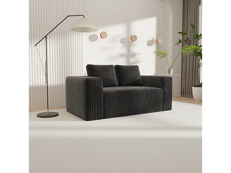 Canapé 2 Places, en Velours côtelé noir, 65cm profondeur d'assise, avec 2 Coussins, 160x88x58cm