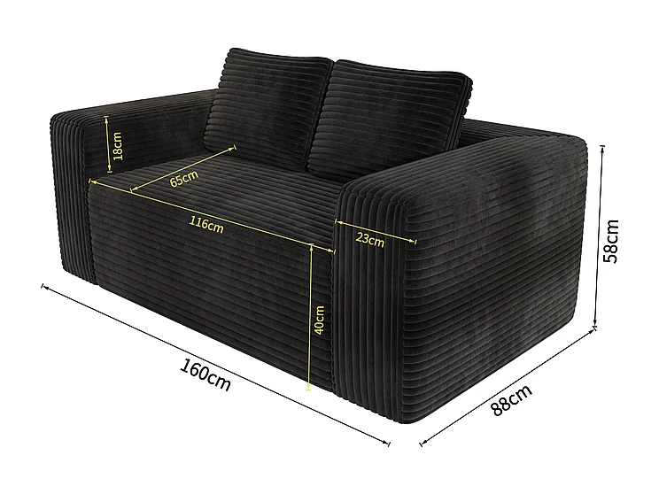 Canapé 2 Places, en Velours côtelé noir, 65cm profondeur d'assise, avec 2 Coussins, 160x88x58cm