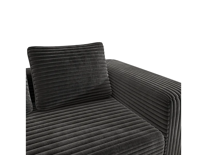 Canapé 2 Places, en Velours côtelé noir, 65cm profondeur d'assise, avec 2 Coussins, 160x88x58cm