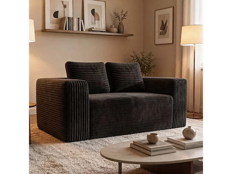 2-zits bank, Ribfluweel zwart, 65cm zitdiepte, 2 kussens, 160x88x58cm